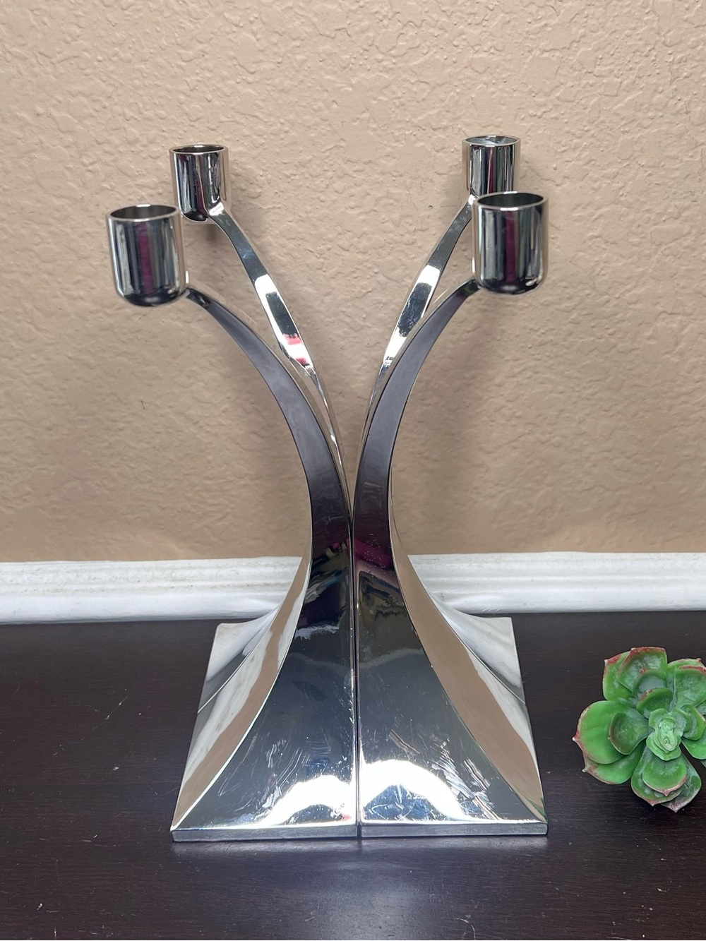 Vintage 1970s Chrome Freeform Candlesticks, Modular MCM Candle Holders, Italian